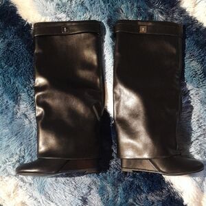 Black Knee-High Wedge Boots With Gold Plate Loop